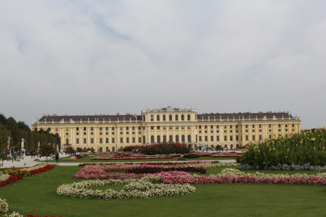 The back view and garden of the Schoenbrunn Palace in Vienna