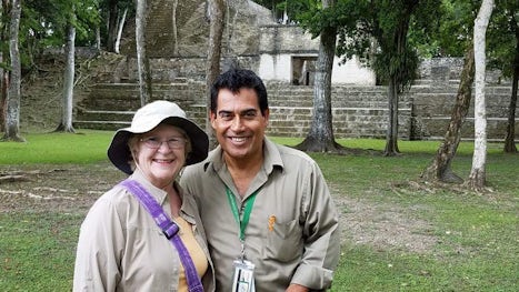 Me with our tour guide, Pedro, in Cahal Pech palaces in Belize.