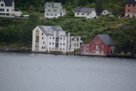 Closeup of buildings on the shoreline in Bergen Norway