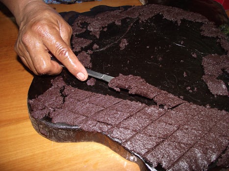 Chocolate sliced into samples. Costa Rica