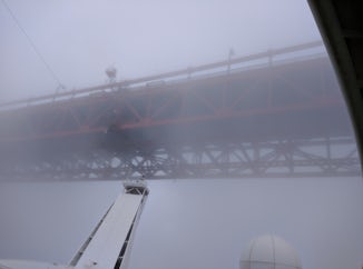 Sailing under the Golden Gate bridge in heavy fog. Very cool!
