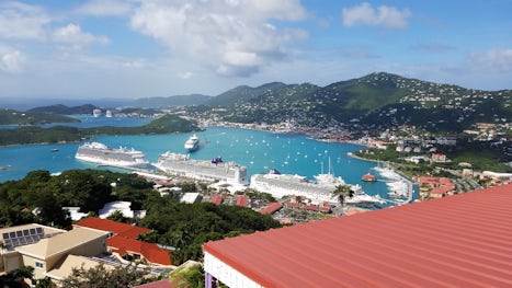 View of the port in St. Thomas from the top of the sky ride.