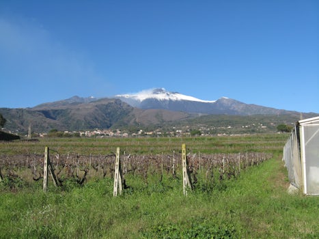 Snow capped Mount Etna on Sicily, during wine tour.