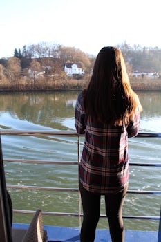 My daughter on the balcony while sailing on the Danube.