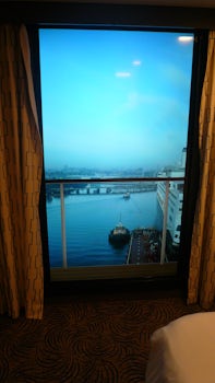 Real time virtual balcony (inside stateroom). Good quality flat screen. A m