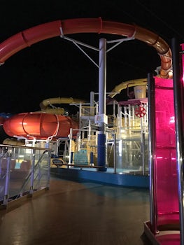 Waterslides and waterpark at night.