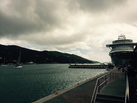 Tortola boardwalk. P&O cruise ship in view.