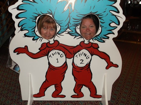 wife and daughter being silly onboard for Dr, Suess breakfast onboard ship