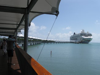 NCL Dawn at end of pier in Harvest Cay