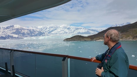 Hubbard Glacier shown from our aft verandah deck. Lots of iceberg chips. It
