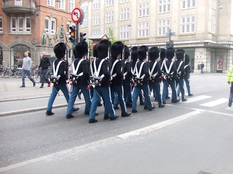 Royal Danish Guard marching up the street.