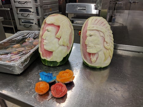 Taken during the Ship's Tour. Galley tour.
Watermelon carvings, as wel