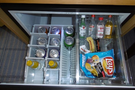 Mini-fridge stocked with beer, wine, soda, water and snacks.  PV gets reple