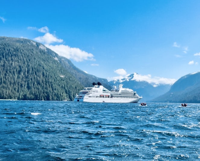 The Seabourn Odyssey from a Zodiac in the Misty Fjords