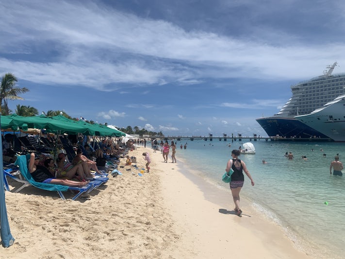 Grand Turk beach at port. Crowded. Rocky. Recommend purchasing excursion 