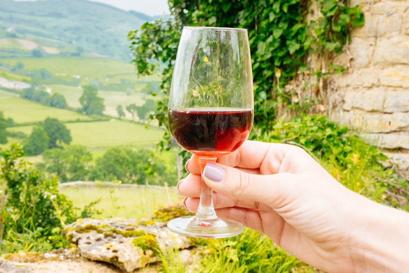 A woman holding a glass of red wine in the Beaujolais region on a Viking River cruise