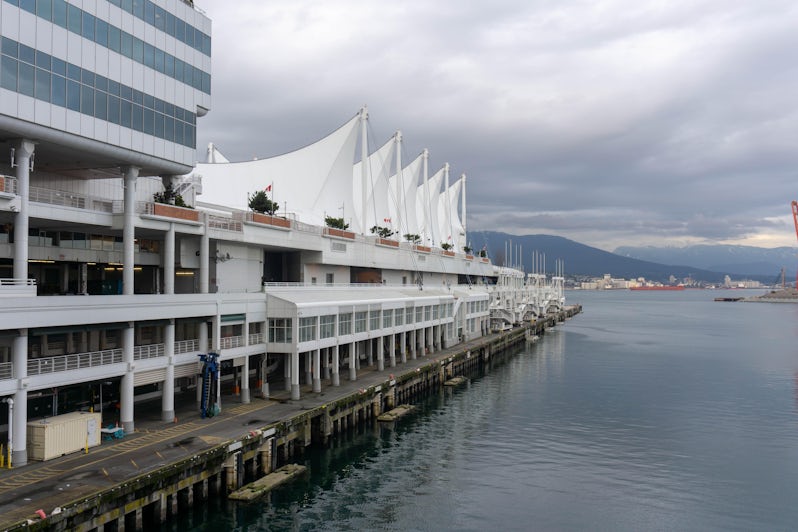 An empty Canada Place terminal in Vancouver on a cloudy day