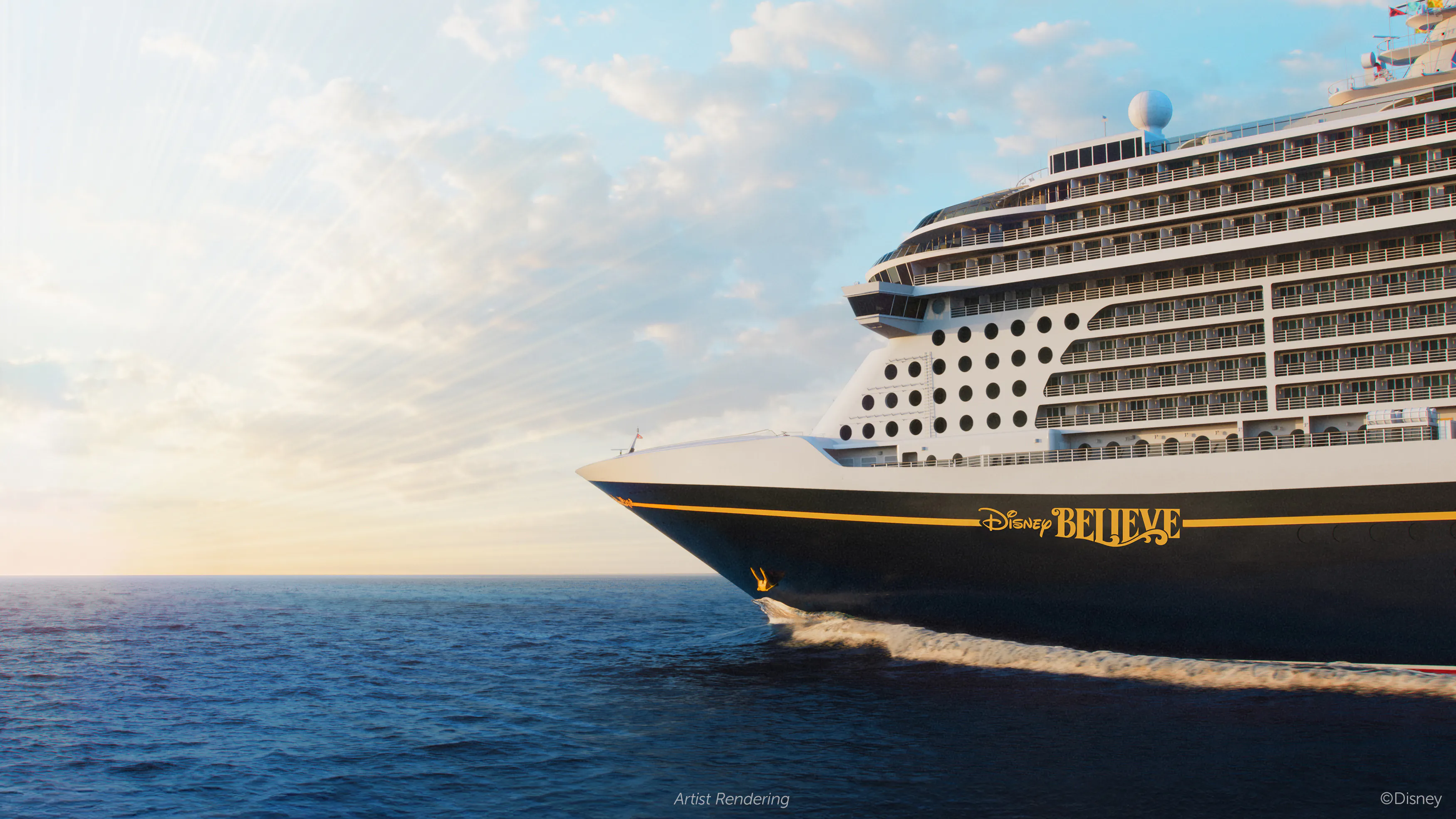 Un crucero llamado "Disney Believe" navega en un mar en calma durante el atardecer, con los rayos del sol dispersándose por el cielo.