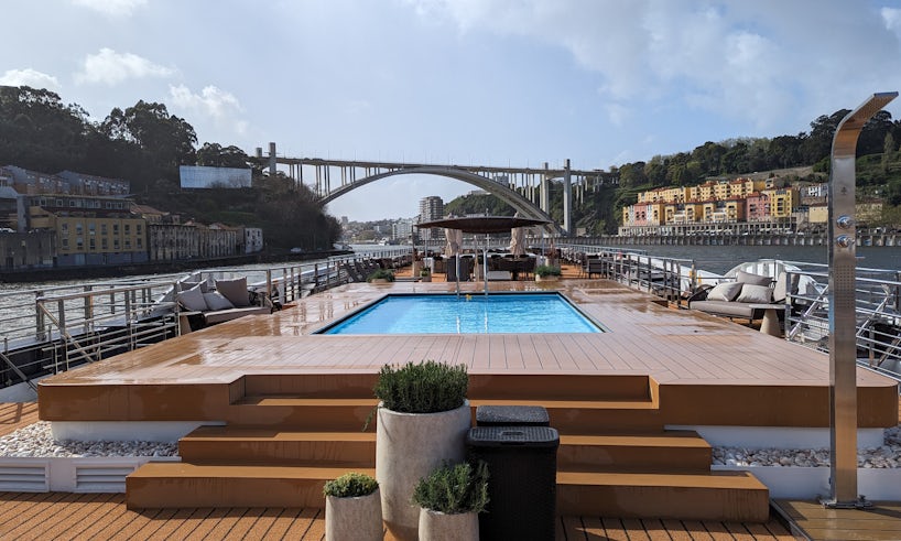 The Sun Deck on Avalon Alegria, with Portugal in the background. (Photo: Colleen McDaniel)