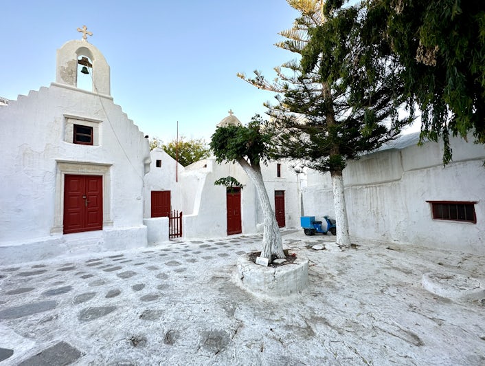 Small plaza and church in Mykonos Old Town