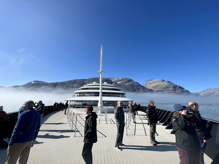 Scenic Eclipse II has fog while sailing through the Prince Christian Fjord in Greenland (Photo/Chris Gray Faust)