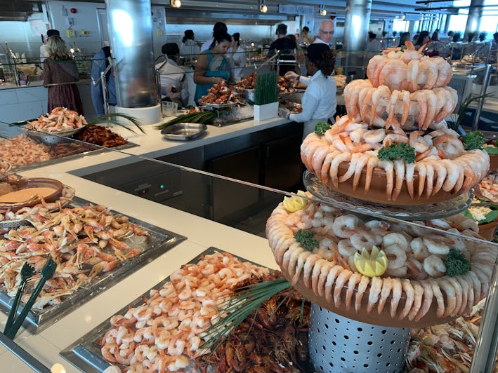 The seafood counter on Celebrity Ascent has a huge shrimp tower
