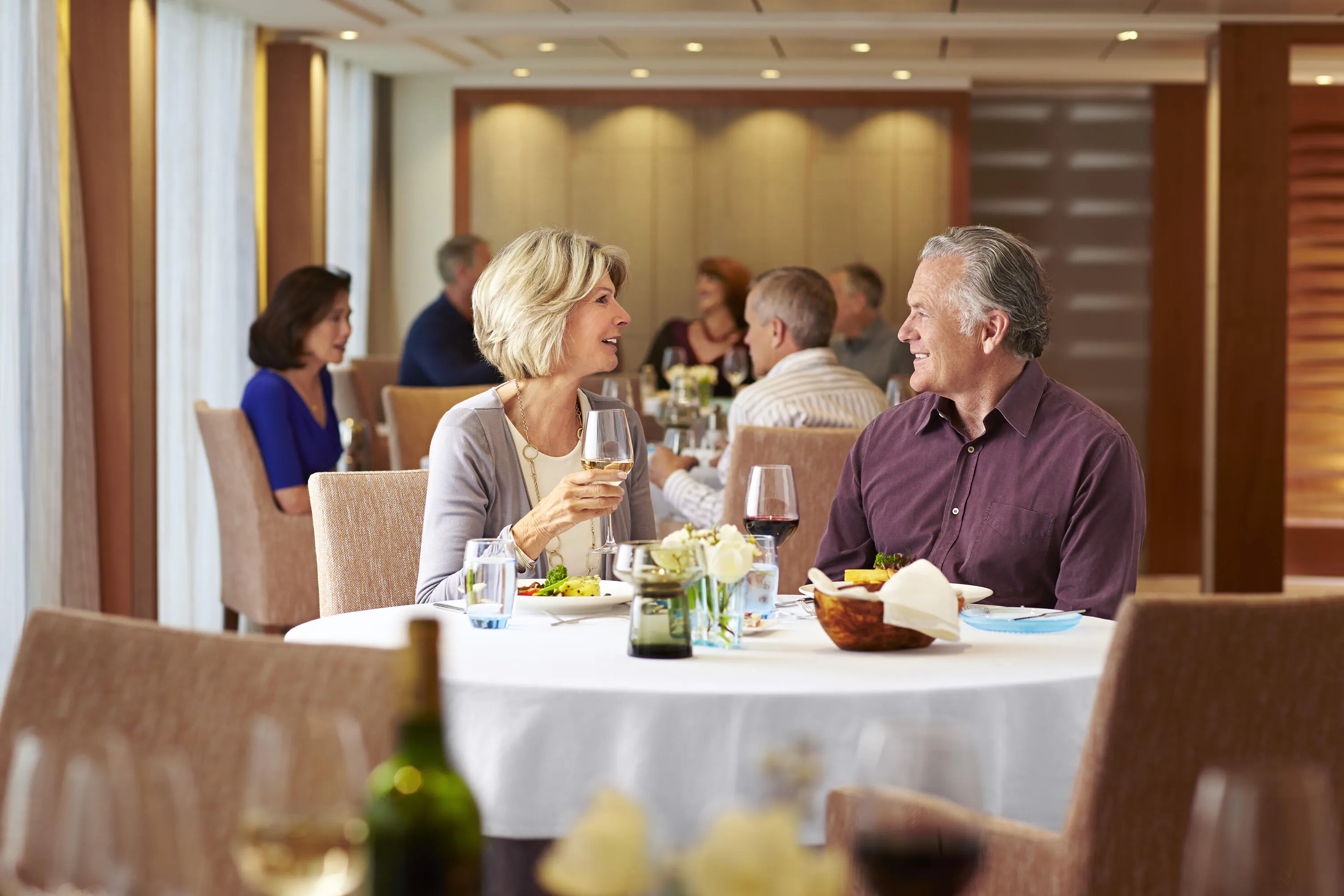A couple eat at the Restaurant on board a Viking Longship (Credit: Viking)