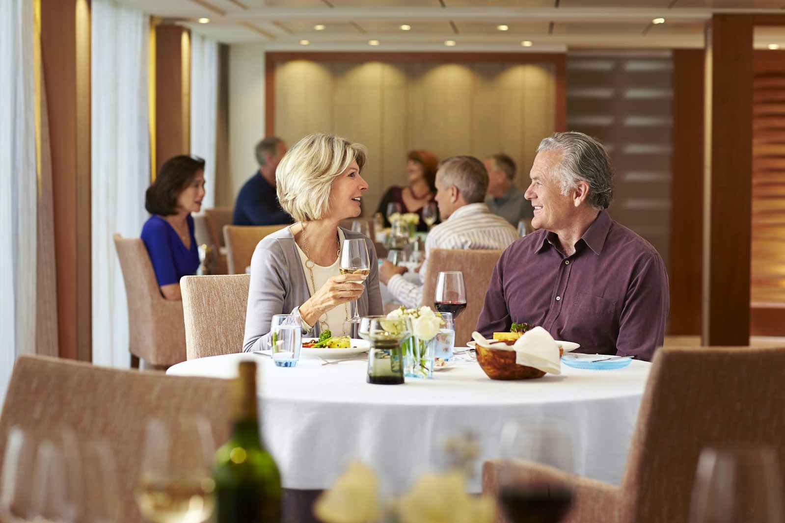 A couple eat at the Restaurant on board a Viking Longship (Credit: Viking)