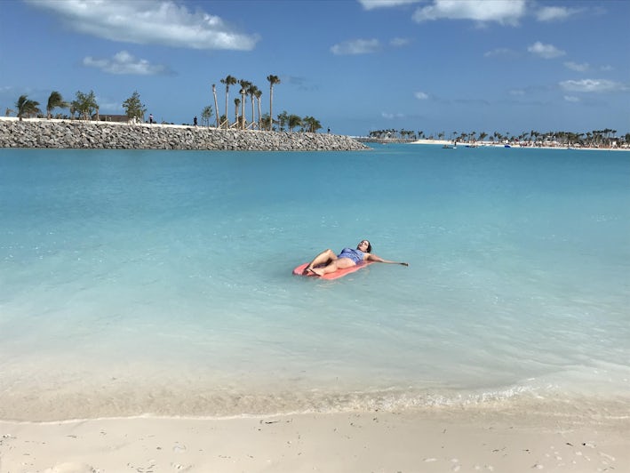 Cruise Critic Editor Brittany Chrusciel swimming in the tropical waters of Ocean Cay MSC Marine Reserve