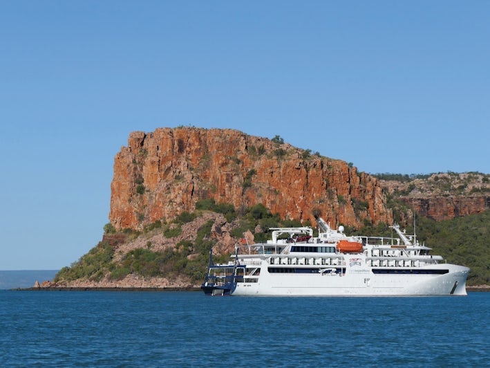 Coral Adventurer moored in front of Steep Island in the Kimberley