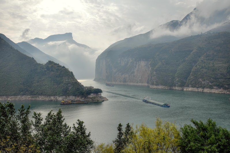 Ships in the slightly foggy Qutang Gorge on Yangtze river