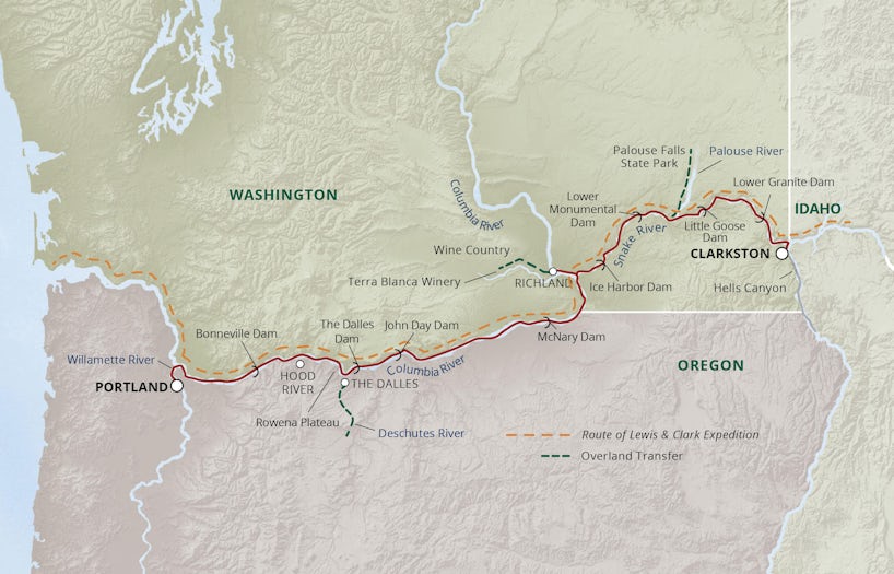 Image: Map of a cruise route along the Columbia and Snake Rivers - Map provided by UnCruise Adventures
