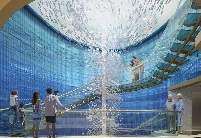 The Currents and Shores zones aboard Carnival Jubilee, connected by an "undersea" staircase (Rendering: Carnival Cruise Line)