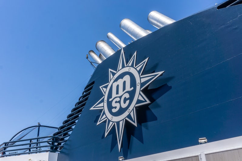 MSC's logo on the funnel of MSC Magnifica (Photo: Aaron Saunders)