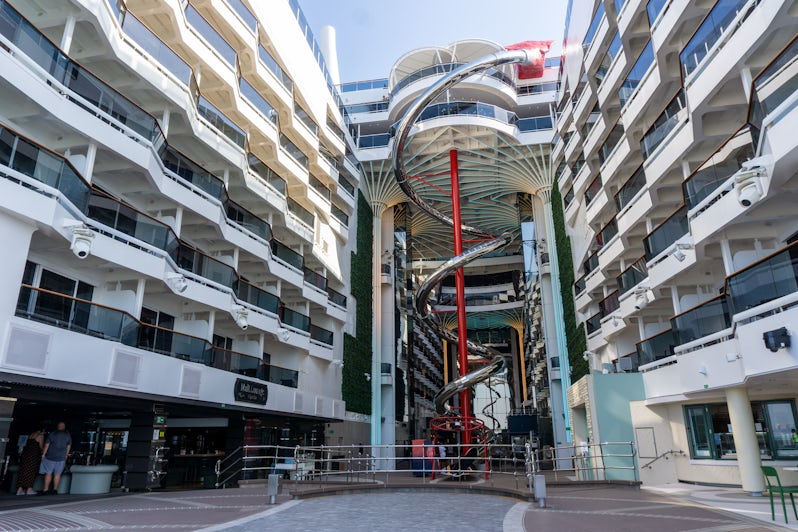 MSC's open aft promenade includes a multi-story dry slide (Photo: Aaron Saunders)