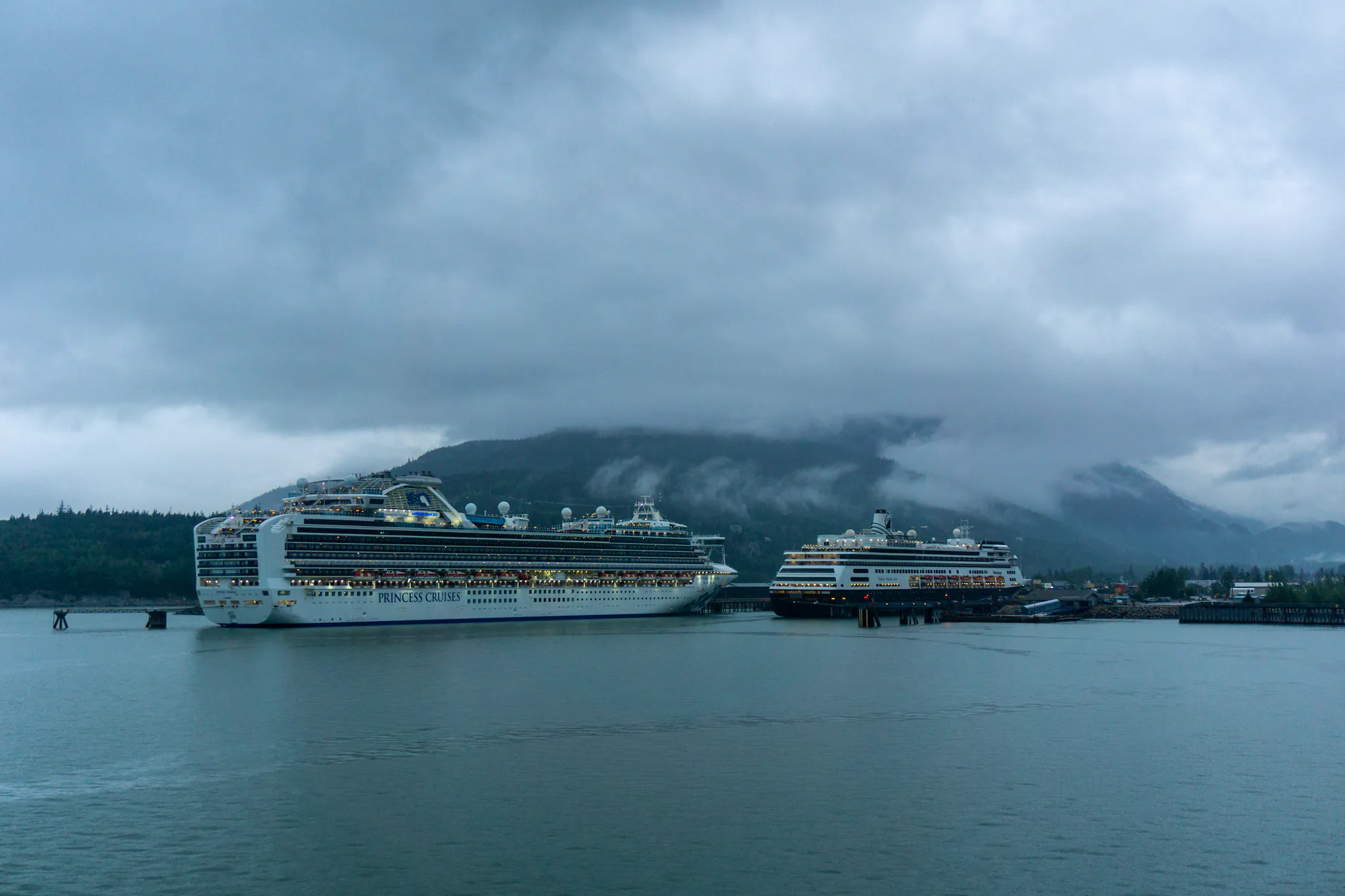 Sapphire Princess and Holland America's Volendam in Skagway, Alaska at dusk (Photo: Aaron Saunders)