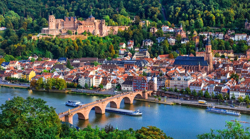 Aerial shot of cruise ships sailing past Heidelberg