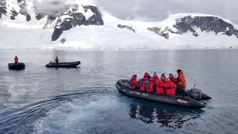 Two groups on a Zodiac excursion in Antarctica