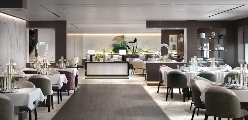 Rendering of the muted colored main dining room on Evrima
