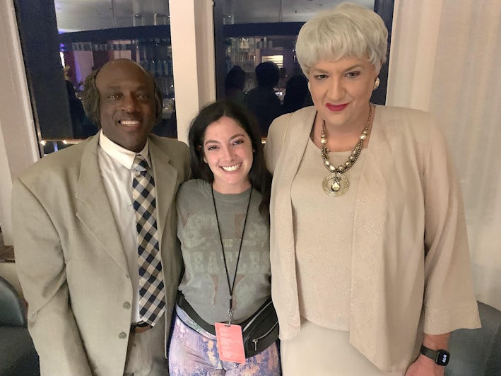 Marilyn  Borth from Cruise Critic (center) with guests dressed as Stanley (left) and Dorothy (right) from the Golden Girls (Photo: Marilyn Borth)
