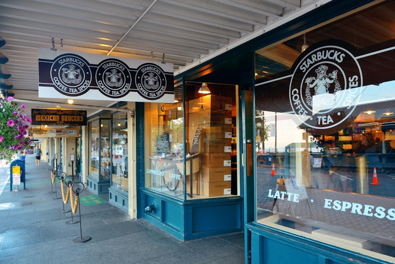 Exterior shot of the first Starbucks Coffee shop on August 14, 2015 in Seattle
