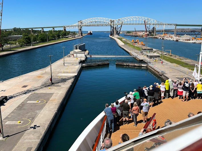 Viking Octantis passing through the Soo Locks on a Great Lakes cruise (Photo/Harriet Baskas)