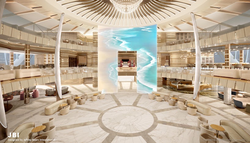 Render of the Piazza with triple height LED screen on Sun Princess (Princess Cruises)