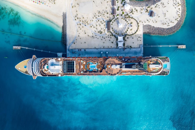 Aerial shot of a cruise ship docked at Ocean Cay MSC Marine Reserve
