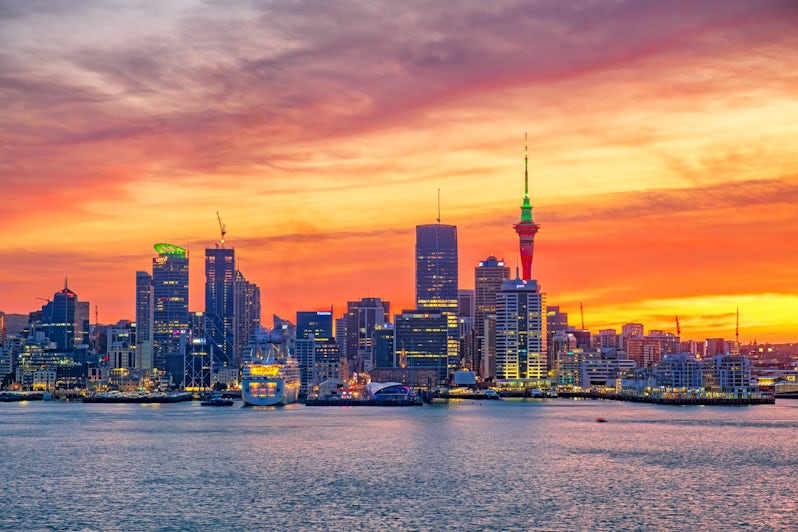 New Zealand financial district and business office building skyline during sunset
