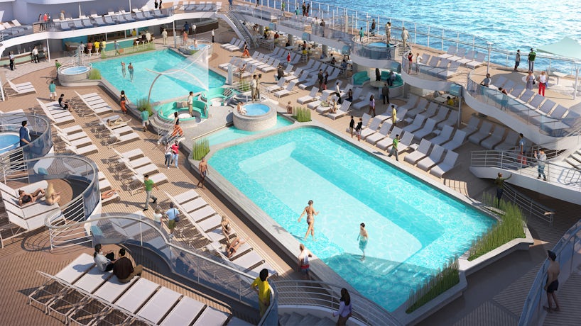 Rendering of The Main Pool Deck, with people, on Sky Princess