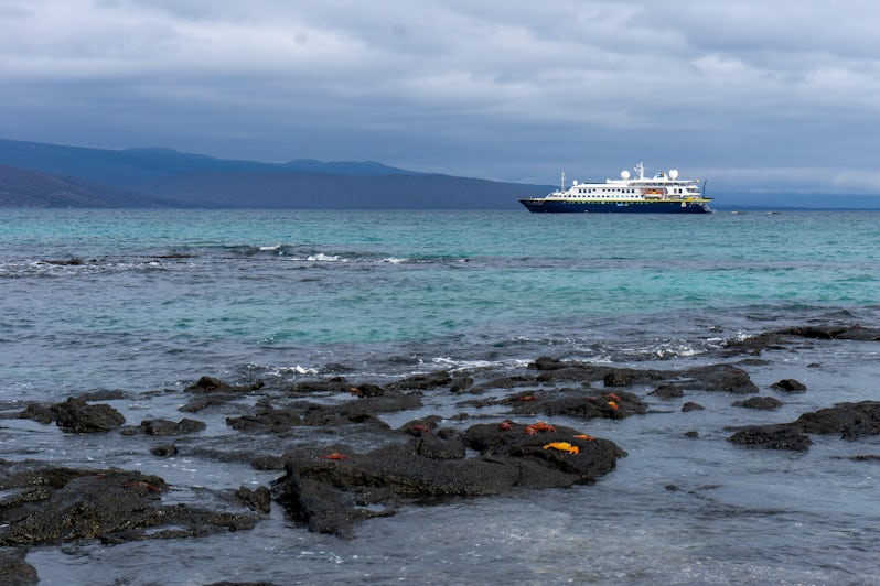 National Geographic Islander II at anchor off Fernandina Island, Galapagos (Photo: Aaron Saunders)
