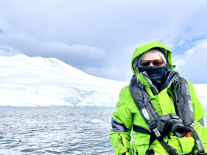 Gwen Pratesi in Antarctica on Atlas Ocean Voyages' World Traveller