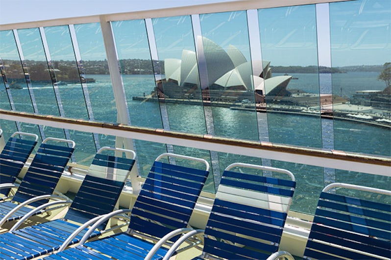 Decks of cruise ship with view of Sydney Opera House