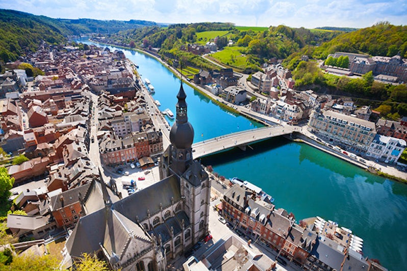 The top view of Pont Charles de Gaulle bridge over Meuse river in Dinant, Belgium